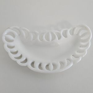 Vintage Ornate White Milk Glass Dish with a Reticulated Lace-like Rim Charming